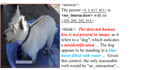 Zoomed qualitative example where a dog is misdetected as a human and HOI-MLLM predicts no interaction.